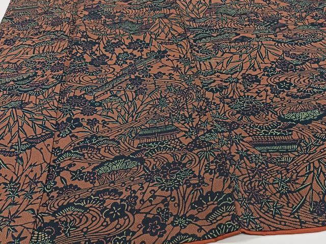 平和屋着物■上質な小紋　型染め　流水風景花文　鬼しぼ縮緬　正絹　逸品　CABH5531xi