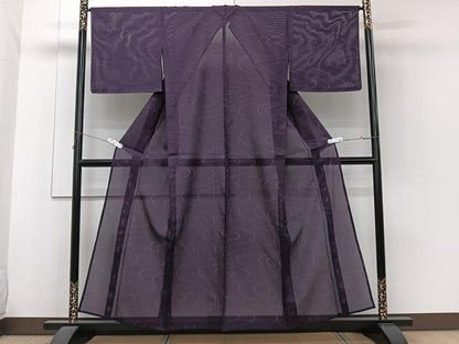 平和屋着物＊夏物　色無地　縦絽　流水文　滅紫色　正絹　逸品　CABH5562xi