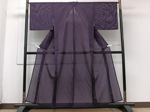 平和屋着物＊夏物　色無地　縦絽　流水文　滅紫色　正絹　逸品　CABH5562xi