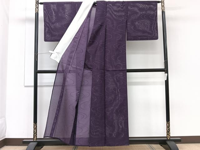 平和屋着物＊夏物　色無地　縦絽　流水文　滅紫色　正絹　逸品　CABH5562xi