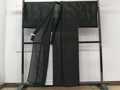 平和屋着物＊夏物　男性　色無地　縦絽　黒衣　黒色　正絹　逸品　CABH5576xi