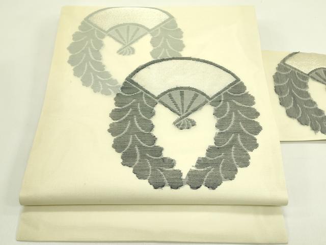平和屋着物＊夏物　九寸名古屋帯　下り藤扇文　銀糸　正絹　逸品　CABH5601rv