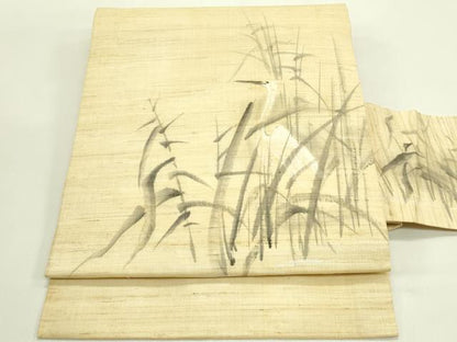 平和屋着物＊夏物　九寸名古屋帯　手描き　白鷺　麻　逸品　CABH5603rv