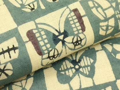 平和屋着物＊夏物 九寸名古屋帯 工芸帯 型染 市松舞蝶文 麻 逸品 CABH5614rv