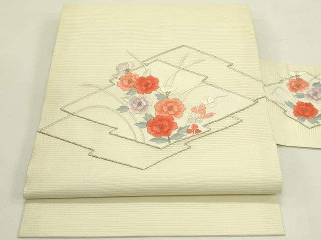 平和屋着物＊夏物　九寸名古屋帯　総刺繍　駒刺繍　松皮菱草花文　銀糸　正絹　逸品　CABH5647rv