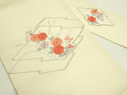 平和屋着物＊夏物　九寸名古屋帯　総刺繍　駒刺繍　松皮菱草花文　銀糸　正絹　逸品　CABH5647rv