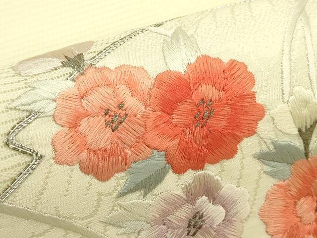 平和屋着物＊夏物　九寸名古屋帯　総刺繍　駒刺繍　松皮菱草花文　銀糸　正絹　逸品　CABH5647rv