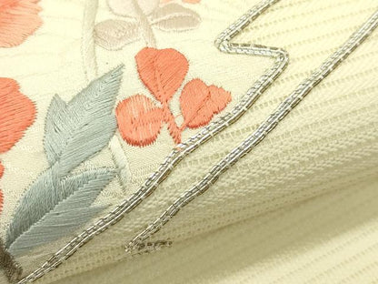 平和屋着物＊夏物　九寸名古屋帯　総刺繍　駒刺繍　松皮菱草花文　銀糸　正絹　逸品　CABH5647rv