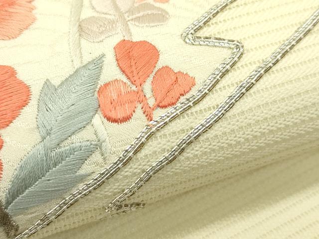 平和屋着物＊夏物　九寸名古屋帯　総刺繍　駒刺繍　松皮菱草花文　銀糸　正絹　逸品　CABH5647rv