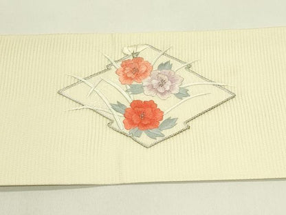 平和屋着物＊夏物　九寸名古屋帯　総刺繍　駒刺繍　松皮菱草花文　銀糸　正絹　逸品　CABH5647rv