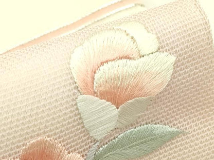 平和屋着物＊夏物　九寸名古屋帯　総刺繍　駒刺繍　枝椿　銀糸　正絹　逸品　CABH5648rv
