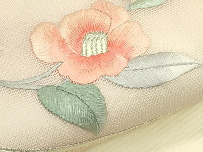 平和屋着物＊夏物　九寸名古屋帯　総刺繍　駒刺繍　枝椿　銀糸　正絹　逸品　CABH5648rv