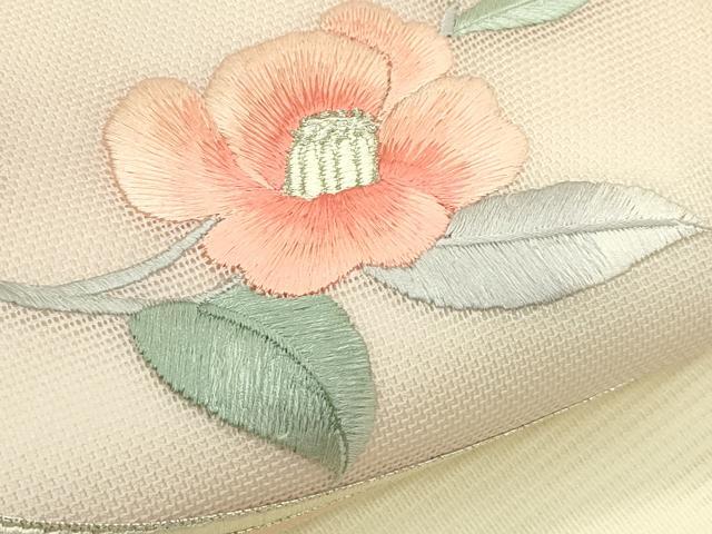 平和屋着物＊夏物　九寸名古屋帯　総刺繍　駒刺繍　枝椿　銀糸　正絹　逸品　CABH5648rv