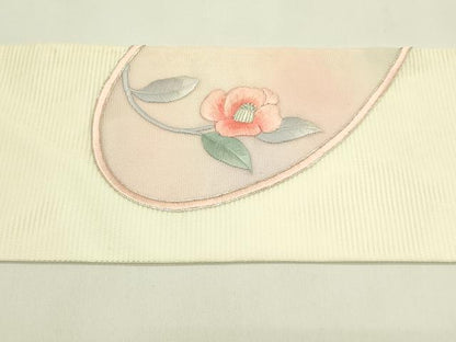 平和屋着物＊夏物　九寸名古屋帯　総刺繍　駒刺繍　枝椿　銀糸　正絹　逸品　CABH5648rv