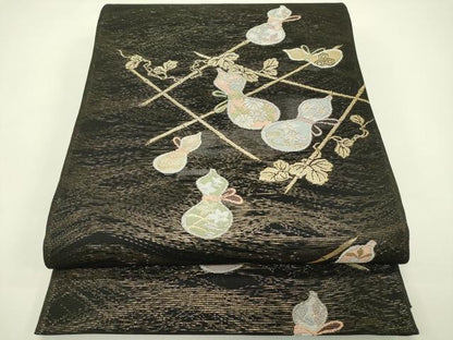 平和屋着物＊夏物 六通柄袋帯 瓢箪 黒地 金糸 大丸扱い 正絹 逸品 CABH5682rv