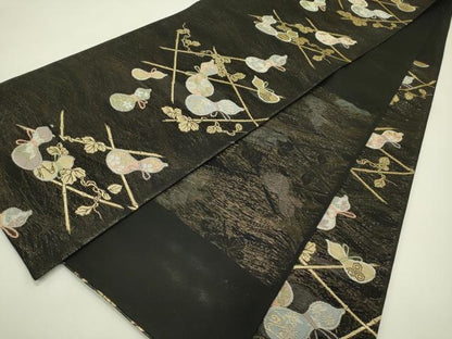 平和屋着物＊夏物 六通柄袋帯 瓢箪 黒地 金糸 大丸扱い 正絹 逸品 CABH5682rv