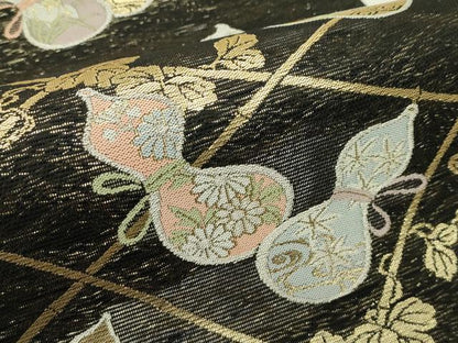 平和屋着物＊夏物 六通柄袋帯 瓢箪 黒地 金糸 大丸扱い 正絹 逸品 CABH5682rv