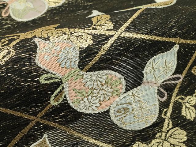 平和屋着物＊夏物 六通柄袋帯 瓢箪 黒地 金糸 大丸扱い 正絹 逸品 CABH5682rv