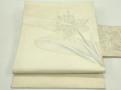 平和屋着物＊夏物　九寸名古屋帯　草花文　銀糸　正絹　逸品　CABH5688rv
