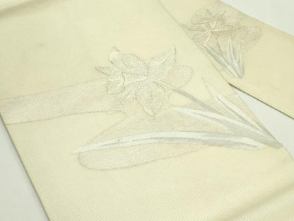 平和屋着物＊夏物　九寸名古屋帯　草花文　銀糸　正絹　逸品　CABH5688rv