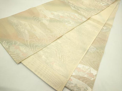 平和屋着物＊夏物 六通柄袋帯 地紙流水秋草文 銀糸 正絹 逸品 CABH5697rv