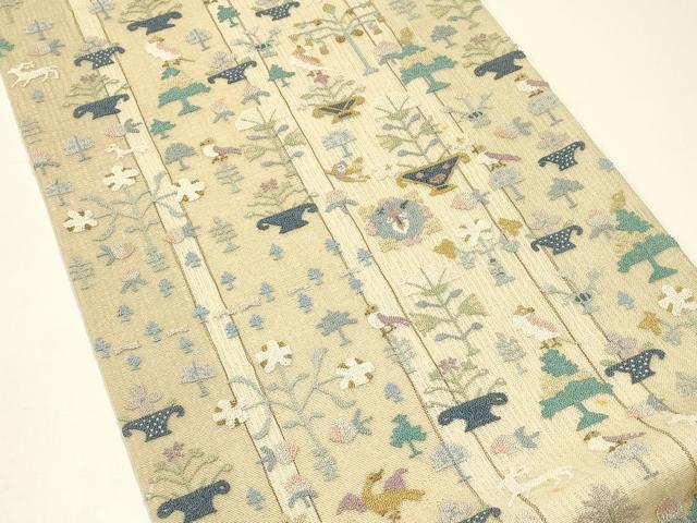平和屋着物＊夏物 袋帯 中国三大刺繍 総相良刺繍 動物陶器花文 金糸 正絹 逸品 CABH5767rv