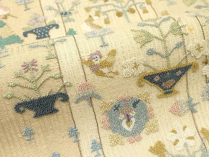 平和屋着物＊夏物 袋帯 中国三大刺繍 総相良刺繍 動物陶器花文 金糸 正絹 逸品 CABH5767rv