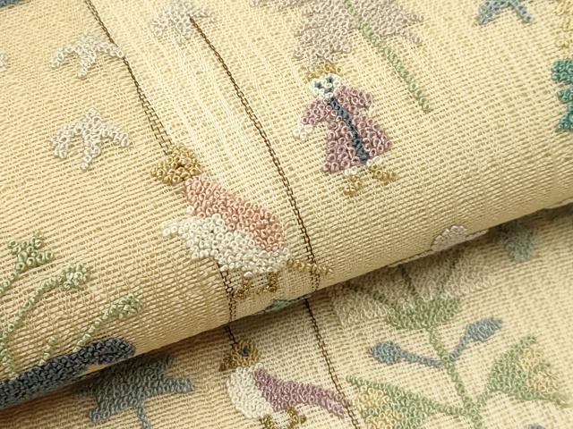 平和屋着物＊夏物 袋帯 中国三大刺繍 総相良刺繍 動物陶器花文 金糸 正絹 逸品 CABH5767rv
