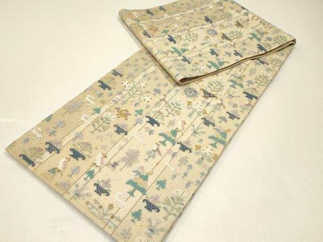 平和屋着物＊夏物 袋帯 中国三大刺繍 総相良刺繍 動物陶器花文 金糸 正絹 逸品 CABH5767rv