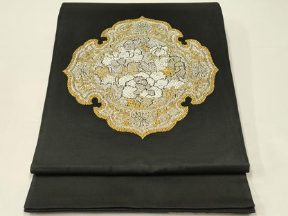 平和屋着物＊夏物　太鼓柄袋帯　正倉院花文　黒地　金銀糸　正絹　逸品　CABH5787rv