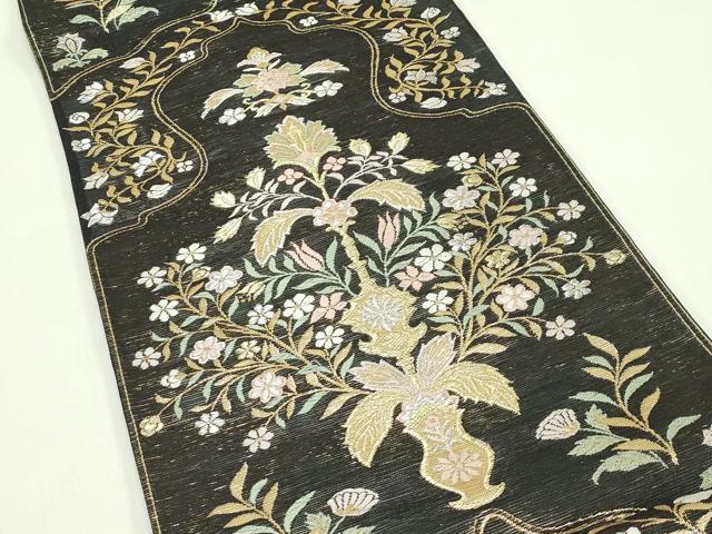 平和屋着物＊夏物 六通柄袋帯 唐織 陶器花文 黒地 金銀糸 正絹 逸品 CABH5816rv