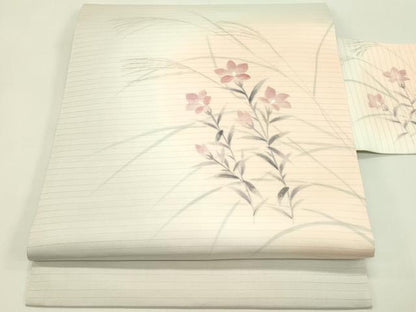 平和屋着物＊夏物　絽塩瀬　九寸名古屋帯　手描き　草花文　銀彩　正絹　逸品　未使用　CABH5833rv