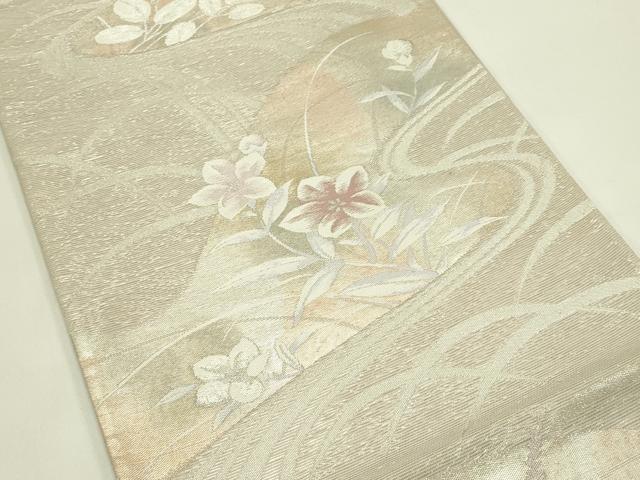 平和屋着物＊夏物 六通柄袋帯 流水草花文 銀糸 正絹 逸品 CABH5847rv