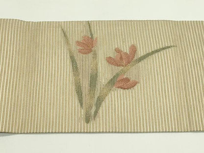 平和屋着物＊夏物　九寸名古屋帯　草花文　金糸　正絹　逸品　CABH5860rv