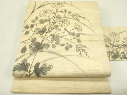 平和屋着物＊夏物　九寸名古屋帯　手描き　雛逸　秋草　麻　逸品　CABH5896rv