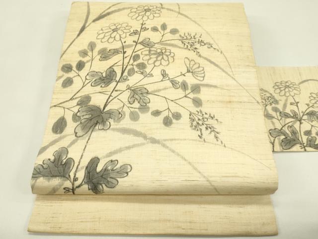 平和屋着物＊夏物　九寸名古屋帯　手描き　雛逸　秋草　麻　逸品　CABH5896rv