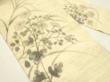 平和屋着物＊夏物　九寸名古屋帯　手描き　雛逸　秋草　麻　逸品　CABH5896rv