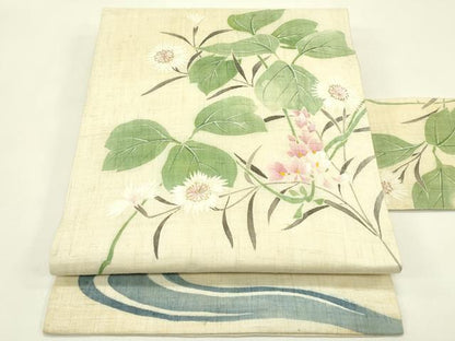平和屋着物＊夏物　九寸名古屋帯　草花文　金彩　麻　逸品　CABH5900rv