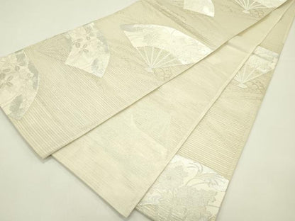 平和屋着物＊夏物　六通柄袋帯　扇面草花文　銀糸　正絹　逸品　CABH5919rv