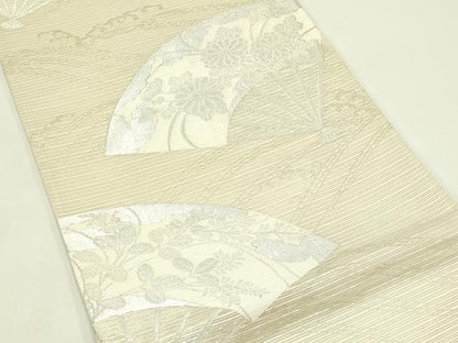 平和屋着物＊夏物　六通柄袋帯　扇面草花文　銀糸　正絹　逸品　CABH5919rv