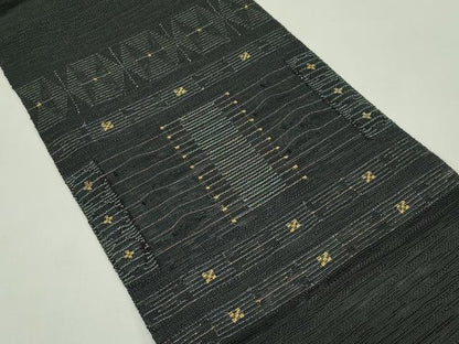 平和屋着物＊夏物　八寸名古屋帯　幾何学文様　黒地　金糸　正絹　逸品　CABH5921rv
