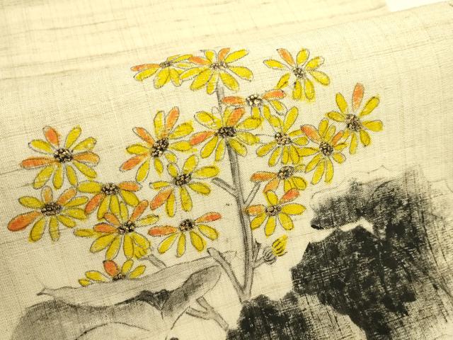 平和屋着物＊夏物 九寸名古屋帯 作家物 手描き 生紬 カマキリ 草花文 金彩 正絹 逸品 CABH5960rv