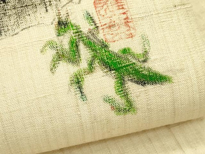 平和屋着物＊夏物 九寸名古屋帯 作家物 手描き 生紬 カマキリ 草花文 金彩 正絹 逸品 CABH5960rv