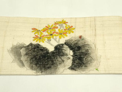 平和屋着物＊夏物 九寸名古屋帯 作家物 手描き 生紬 カマキリ 草花文 金彩 正絹 逸品 CABH5960rv