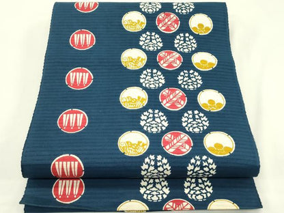 平和屋着物＊夏物　八寸名古屋帯　型染め　花蝶丸文　綿　逸品　CABH5992rv