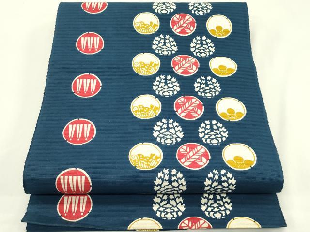 平和屋着物＊夏物　八寸名古屋帯　型染め　花蝶丸文　綿　逸品　CABH5992rv