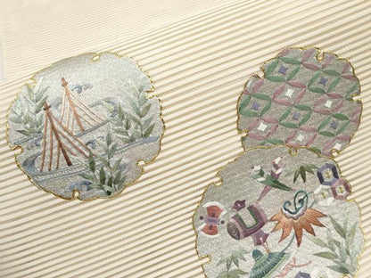平和屋着物＊夏物　八寸名古屋帯　絽綴れ　総刺繍　雪輪宝尽くし　金銀彩　正絹　逸品　CABH6002tx