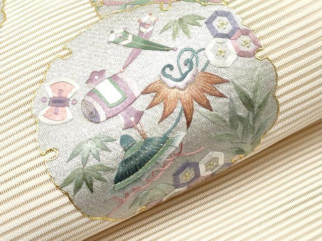平和屋着物＊夏物　八寸名古屋帯　絽綴れ　総刺繍　雪輪宝尽くし　金銀彩　正絹　逸品　CABH6002tx