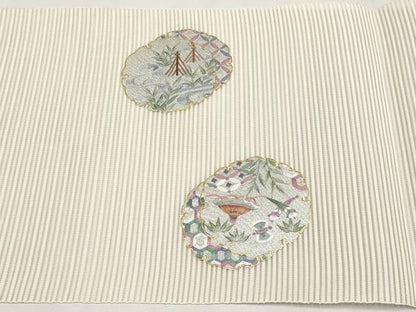 平和屋着物＊夏物　八寸名古屋帯　絽綴れ　総刺繍　雪輪宝尽くし　金銀彩　正絹　逸品　CABH6002tx