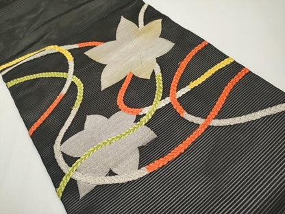 平和屋着物＊夏物　九寸開き名古屋帯　唐織　楓文　黒地　銀糸　正絹　逸品　CABH6007tx